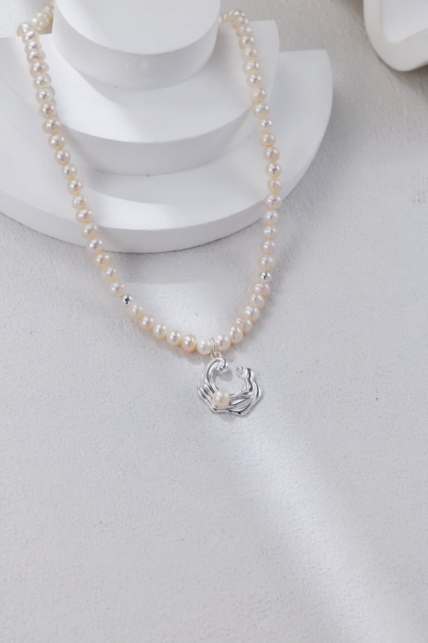 Sea Wave-Inspired with Freshwater Pearl Pendant Necklace | 925 Sterling Silver | 18K Fine Gold