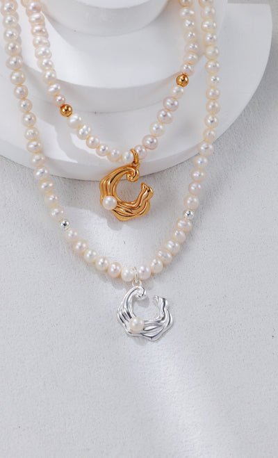 Sea Wave-Inspired with Freshwater Pearl Pendant Necklace | 925 Sterling Silver | 18K Fine Gold