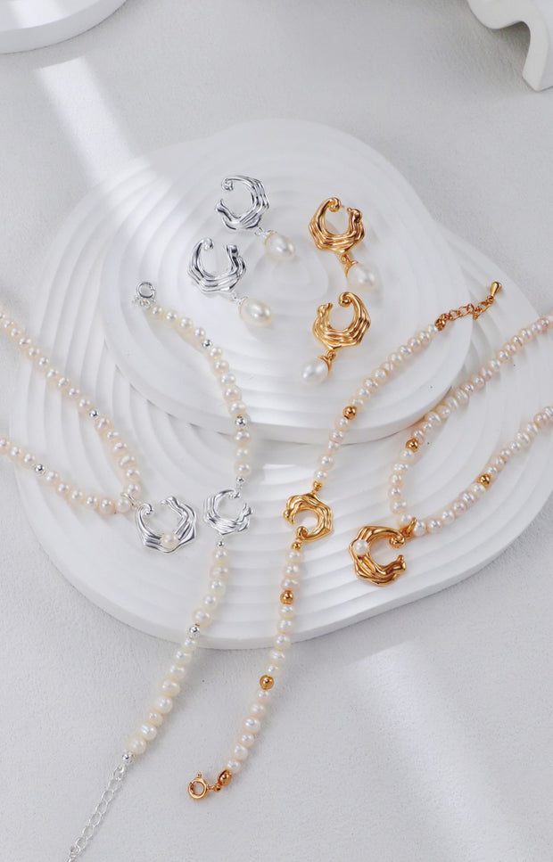 Sea Wave-Inspired with Freshwater Pearl Pendant Necklace | 925 Sterling Silver | 18K Fine Gold