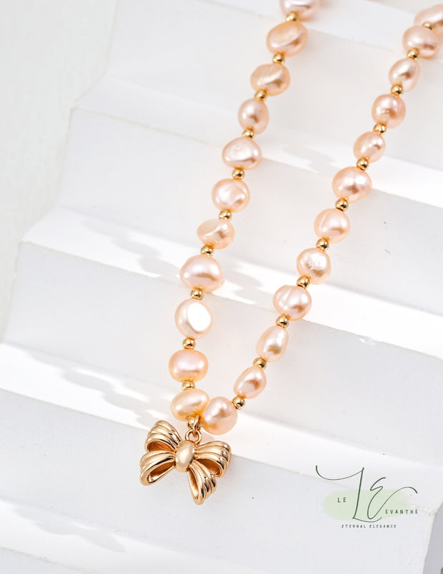 Freshwater Pink Baroque Pearl & Bow Pendant Necklace | 18K Fine Gold