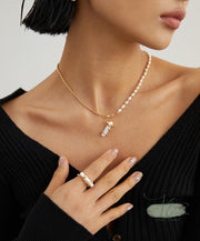 18K Gold Beaded & Freshwater Pearl Necklace with Baroque Pearl Pendant | 925 Sterling Silver | 18K Fine Gold