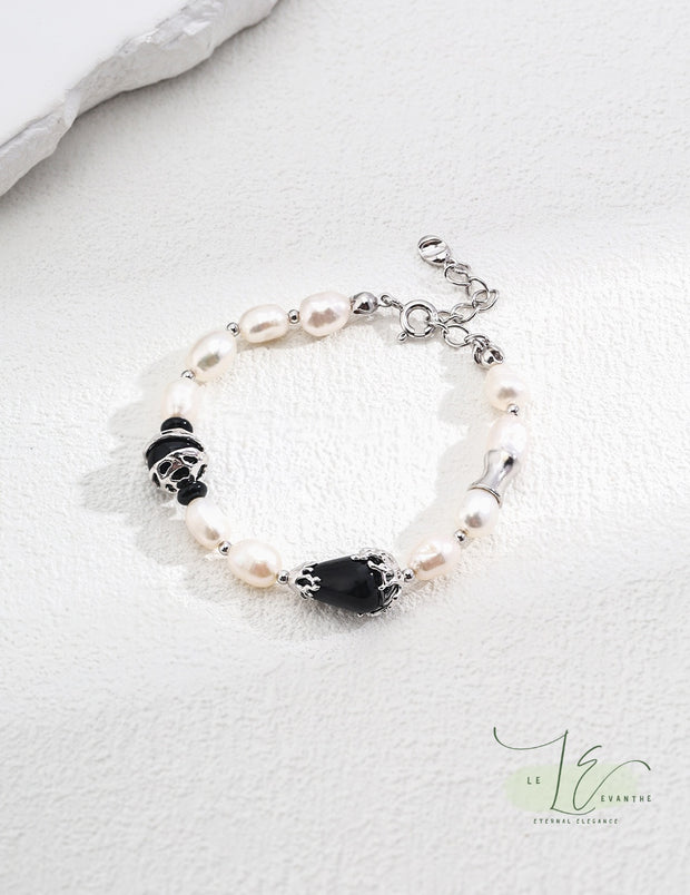 Freshwater Baroque Pearl & Black Onyx Agate Bracelet | 925 Sterling Silver | 18K Fine Gold