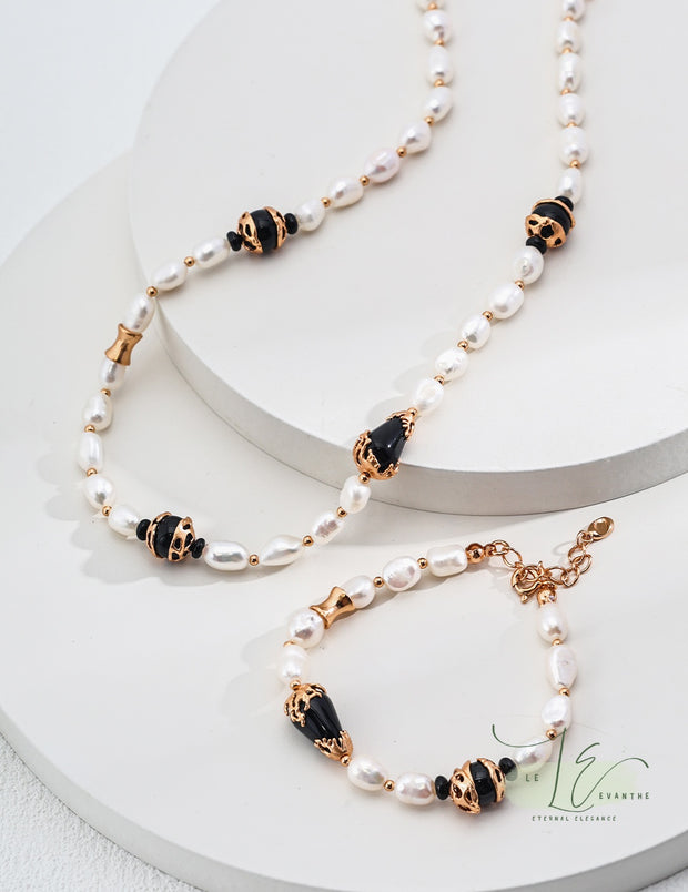 Freshwater Baroque Pearl & Black Onyx Agate Bracelet | 925 Sterling Silver | 18K Fine Gold