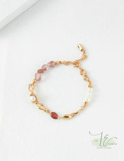 Strawberry Quartz & Freshwater Pearl Bracelet | 925 Sterling Silver | 18K Fine Gold