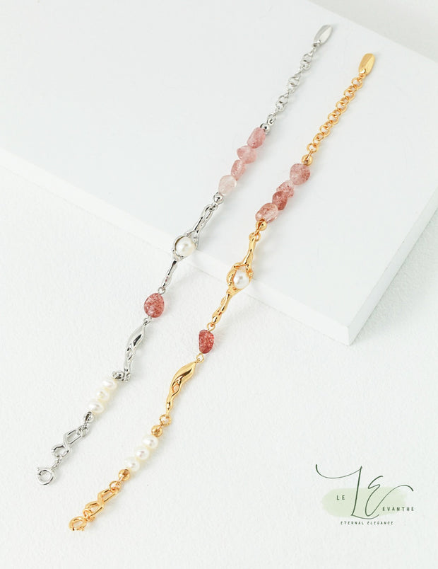 Strawberry Quartz & Freshwater Pearl Bracelet | 925 Sterling Silver | 18K Fine Gold