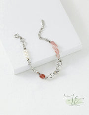 Strawberry Quartz & Freshwater Pearl Bracelet | 925 Sterling Silver | 18K Fine Gold