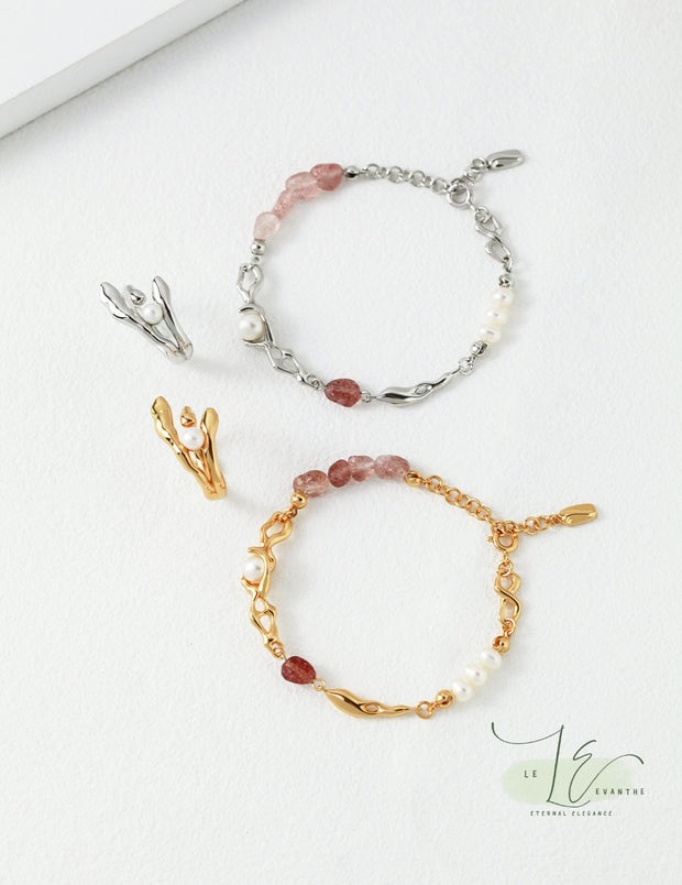 Strawberry Quartz & Freshwater Pearl Bracelet | 925 Sterling Silver | 18K Fine Gold