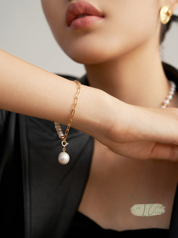 Freshwater Pearl & Chain with Baroque Pearl Pendant Bracelet | 925 Sterling Silver | 18K Find Gold