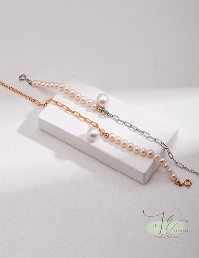 Freshwater Pearl & Chain with Baroque Pearl Pendant Bracelet | 925 Sterling Silver | 18K Find Gold