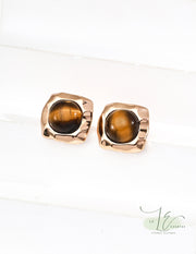 Tiger's Eye Square Frame Stud Earrings | 18K Fine Gold