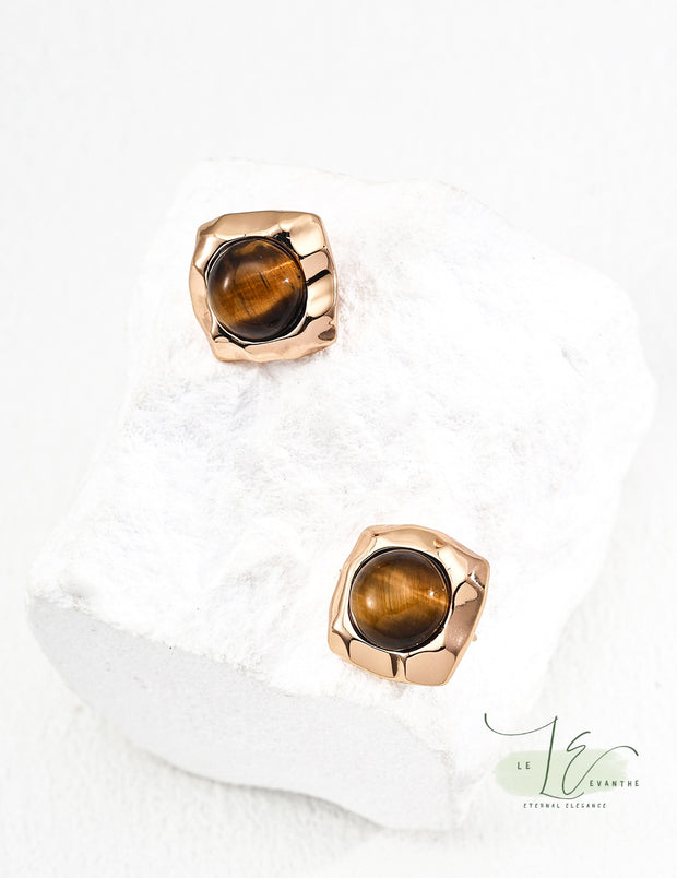 Tiger's Eye Square Frame Stud Earrings | 18K Fine Gold