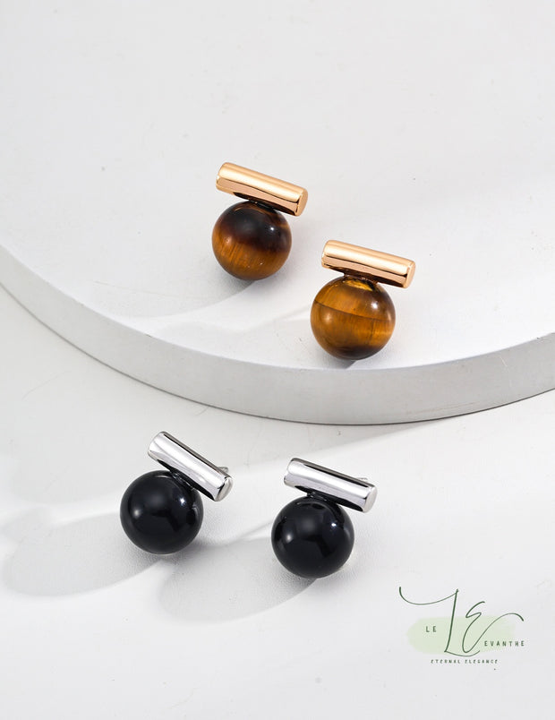 Tiger’s Eye Black Agate Stud Earrings | 925 Sterling Silver | 18K Fine Gold