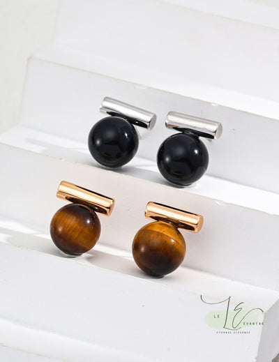 Tiger’s Eye Black Agate Stud Earrings | 925 Sterling Silver | 18K Fine Gold