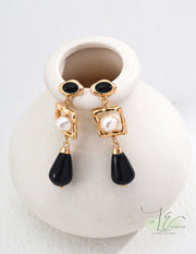 Black Agate & Freshwater Pearl Pendant Drop Earrings | 925 Sterling Silver | 18K Fine Gold