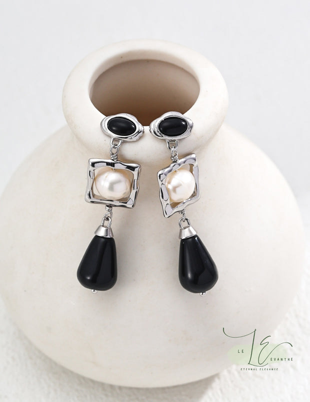 Black Agate & Freshwater Pearl Pendant Drop Earrings | 925 Sterling Silver | 18K Fine Gold