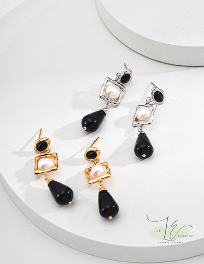 Black Agate & Freshwater Pearl Pendant Drop Earrings | 925 Sterling Silver | 18K Fine Gold