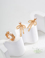 Freshwater Pearl Stud & Bow Pendant Earrings | 925 Sterling Silver | 18K Fine Gold