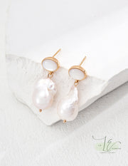 Shell Stud & Freshwater Baroque Pearl Pendant Earrings | 18K Fine Gold