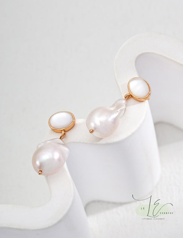 Shell Stud & Freshwater Baroque Pearl Pendant Earrings | 18K Fine Gold