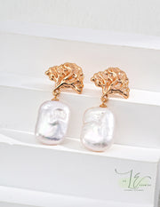 Tree-Shaped Stud & Rectangular Baroque Pearl Pendant Earrings | 18K Fine Gold