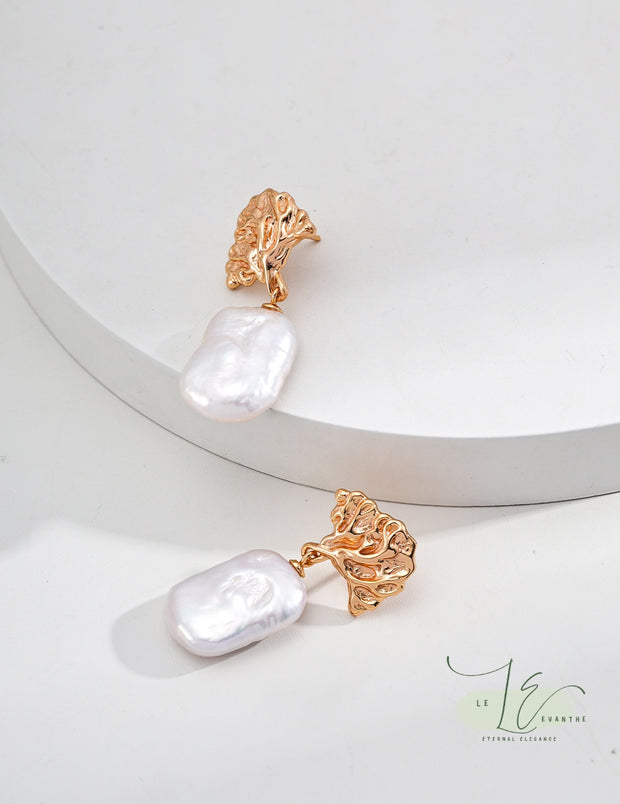 Tree-Shaped Stud & Rectangular Baroque Pearl Pendant Earrings | 18K Fine Gold