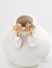 Tree-Shaped Stud & Rectangular Baroque Pearl Pendant Earrings | 18K Fine Gold