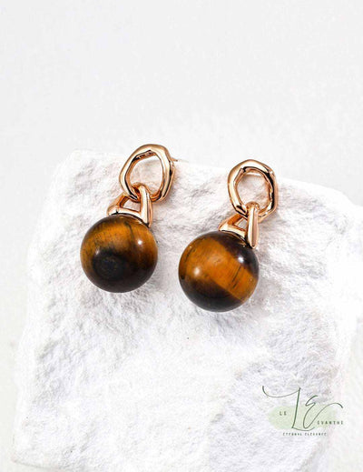 Elegant Tiger's Eye Drop Earrings | 18K Gold - featuring golden-brown chatoyant stones in sleek drop settings.