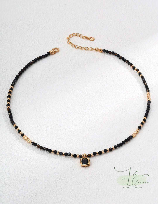 Sophisticated Black Agate Necklace | 925 Silver & 18K Gold - sleek polished stones on a delicate chain.