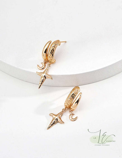 elestial-inspired Moon Star Hoop Earrings in 925 Sterling Silver & 18K Gold – featuring delicate crescent moons and twinkling stars on a lightweight 1.5" hoop for day-to-night elegance.