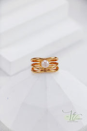 Irregular Design Freshwater Pearl Adjustable Open Ring | 925 Sterling Silver | 18K Fine Gold