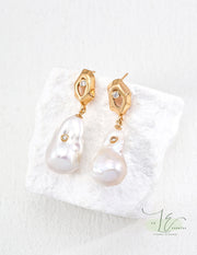 Vintage Natural Baroque Pearl Zircon Drop Earrings  | 18K Fine Gold