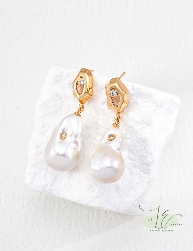 Vintage Natural Baroque Pearl Zircon Drop Earrings  | 18K Fine Gold